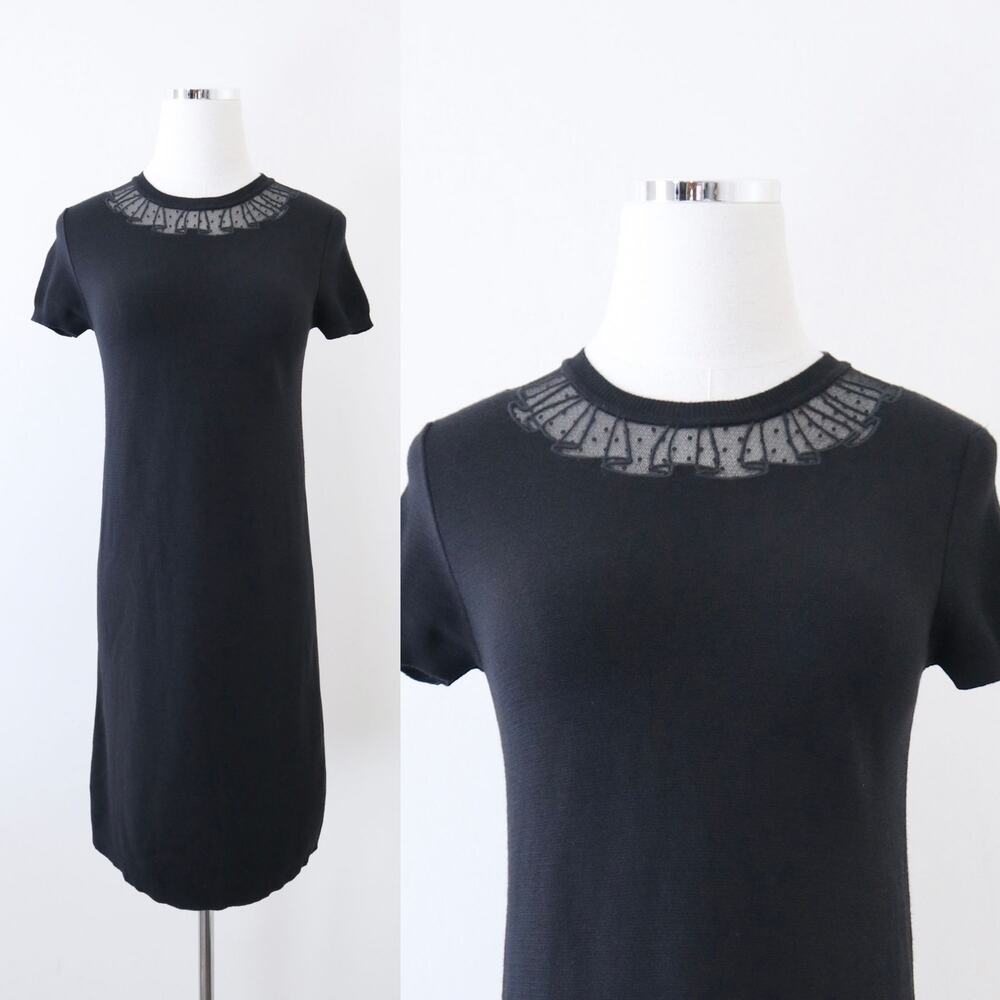 Red Valentino Size XS Lace Yoke Wool Knit Short Sleeve Black Bodycon